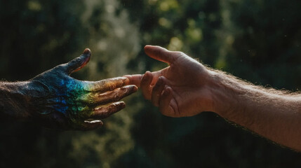 A colorful hand reaching out to connect with another hand, symbolizing unity and the blending of different worlds.