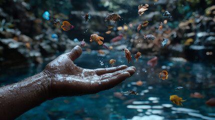 A hand reaching out over water, releasing colorful fish into the air, highlighting a vibrant underwater ecosystem.