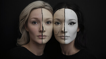 Two women with contrasting faces, one side is human and the other is a mask, symbolizing duality and identity.