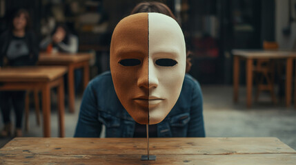 A split mask symbolizes duality, reflecting contrasting identities and emotions, while a person sits quietly at a wooden table in a modern setting.