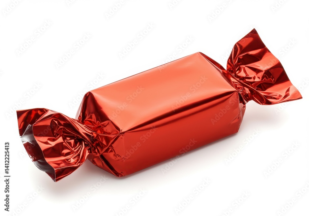 Poster a single red wrapped candy with twisted ends on a white background in a studio shot close up view