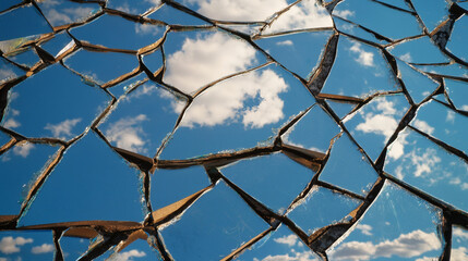 A shattered glass surface reflecting a vibrant blue sky with fluffy clouds, creating a striking visual contrast and intriguing patterns.
