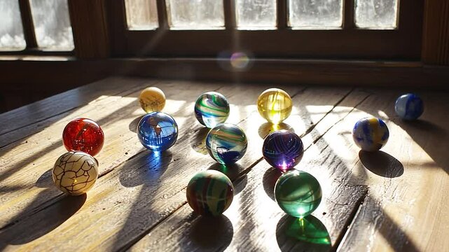 Colorful marbles on wooden table by window