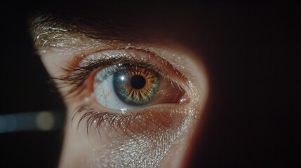 A close-up of a human eye showcasing intricate patterns, colors, and reflections, highlighting the beauty and complexity of vision.