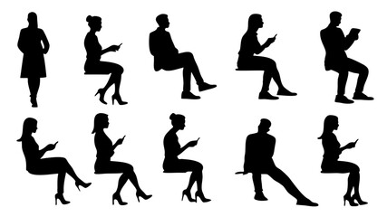 set of sitting people man woman silhouette vector on white background