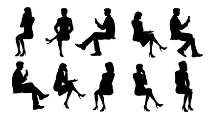set of sitting people man woman silhouette vector on white background