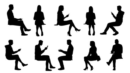 set of sitting people man woman silhouette vector on white background