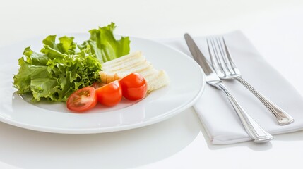 Fresh healthy meal on a white plate, showcasing vibrant ingredients. Simplicity and nourishment in every bite.
