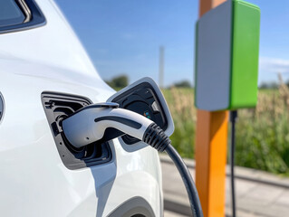 An electric car charging at an outdoor station, with green fields in the background and blue sky overhead. 