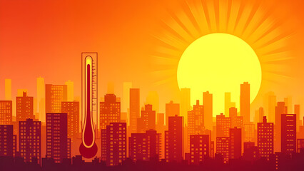 City Heatwave Alert: Rising Temperatures in Urban Environment. Thermometer showing extreme heat over a city skyline with a blazing sun. Urban heat island effect