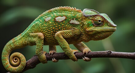 Fototapeta premium Chameleon on Branch with Vibrant Skin Texture and Color Change