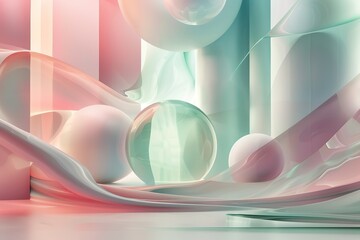 A 3D abstract design featuring floating geometric forms, softened with a haze of pastel lighting in shades of pink, green, and cream