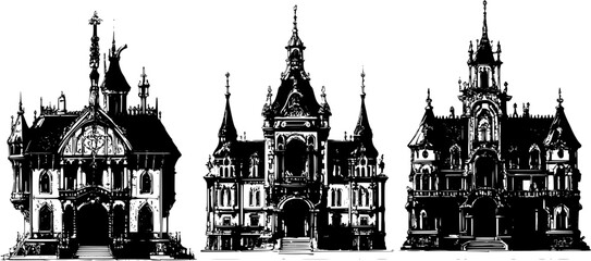 Naklejka premium 3 Pieces of Gothic style Mansions designs, Gothic style Mansions vector illustration