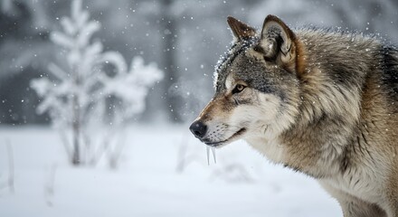 Fototapeta premium Wolf in Snow with Icy Breath and Textured Winter Fur