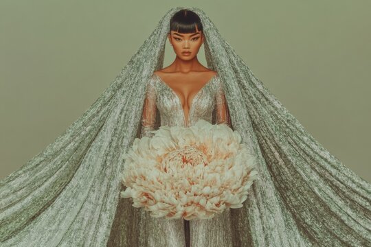 Elegant asian woman in luxurious bridal gown holding large flower