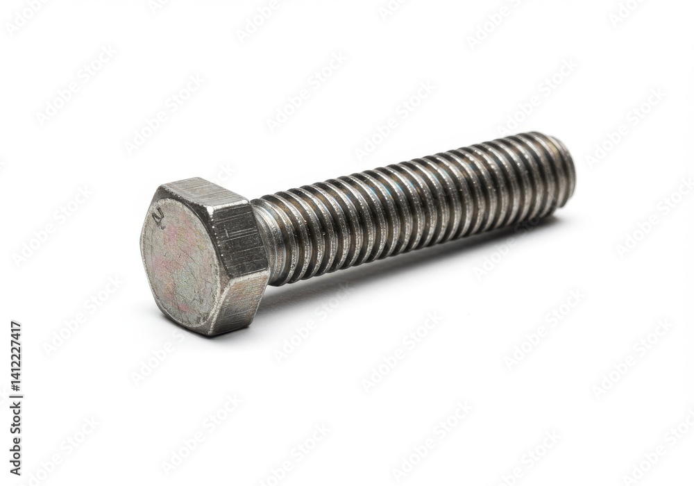 Aufkleber close up shot of a silver metal bolt with visible threads on a white background in a studio setting