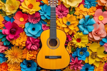 Festive Composition of Music and Art with Bold Floral Accents