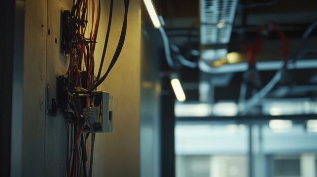Electrician testing electrical systems in a newly built office building. Featuring skill and safety