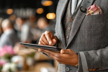 Close-up of finance woman holding tablet in business setting, serious expression. Concept of finance woman tablet highlights importance of technology in modern business.