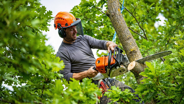 Arborist cutting oak tree branch with chainsaw wearing safety gear