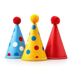 Three colorful party hats arranged on white background