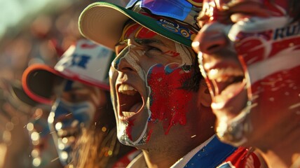 A group of excited fans passionately cheering at a race event, their faces brightly painted in team colors, showcasing their enthusiasm and vibrant spirit.
