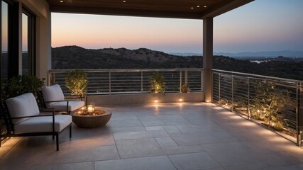 Fototapeta premium A modern outdoor patio overlooking beautiful natural mountain scenery