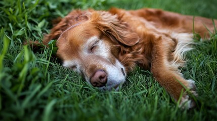 Happy puppy resting in grass - Pure joy and carefree moments in nature
