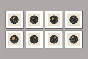 Set of trendy minimalist landscape mid century abstract art