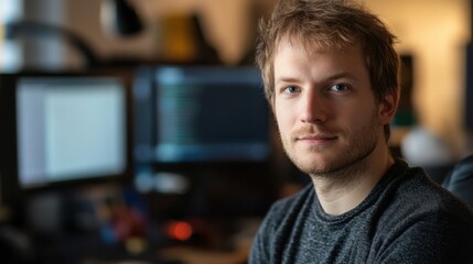 Thoughtful young man sitting in front of computer screens, showcasing modern workspace setup with focused expression and casual attire in soft lighting