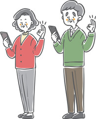 スマホを持ちOKサインをするシニア夫婦　全身　ベクター