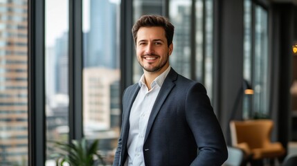 Fototapeta premium Professional young man in business attire smiling confidently in modern office setting with city skyline in background and natural light highlighting his features
