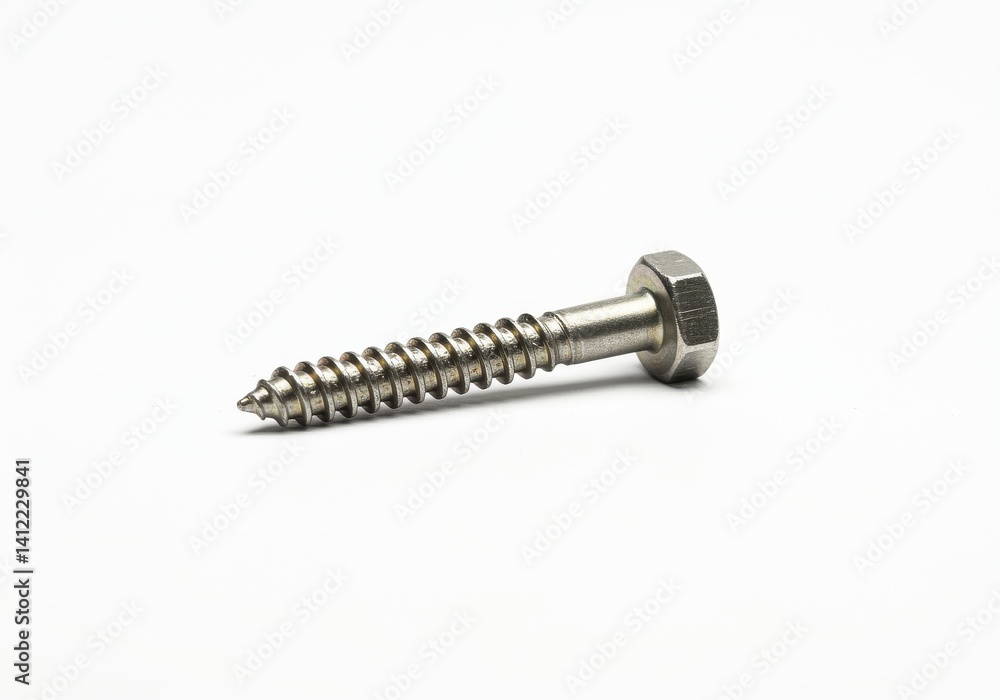 Poster a close up of a single screw with a hexagonal head lying on a white surface in a studio setting view