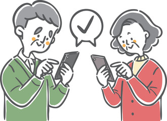 スマホを操作するシニア夫婦　上半身　ベクター