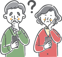 スマホを操作して疑問顔のシニアの男女　上半身　ベクター