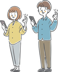 スマホを持ってOKサインをする夫婦　全身　ベクター