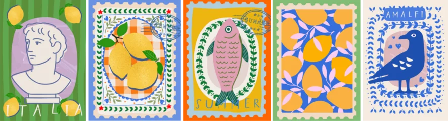 Summer. Italy. Amalfi. Vector illustration of Mediterranean Italian tile with seagull, lemons, sardine fish, antique bust, mango pattern for poster, card or background