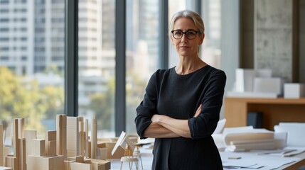 Fototapeta premium Professional architect in modern office showcasing architectural model, standing confidently with arms crossed, natural light illuminating workspace