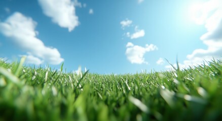Obraz premium Blue sky and green grass background, panoramic view, 3D rendering. Bright and fresh colors create an atmosphere of spring or summer. The grass is lush with sunlight shining through the clouds on it.