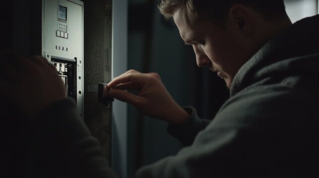 Electrician troubleshooting electrical problems in a circuit box. Featuring circuit inspection and troubleshooting