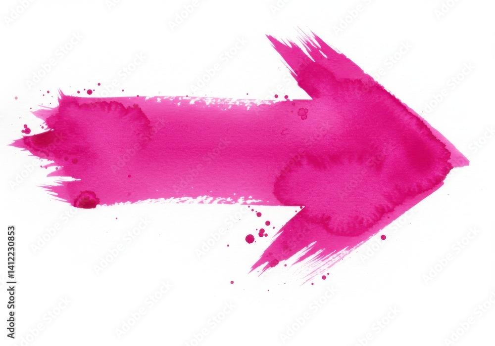 Poster pink watercolor arrow pointing right with splatter effect on a white background in a digital image