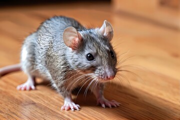 Close-up of a grey house rat playing on the floor with copy space