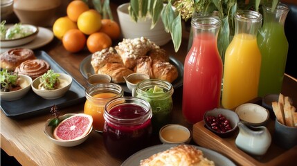 Freshly prepared organic food assortment featuring juices, pastries, and fruits at a rustic dining table in the morning light