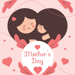 Minimalist Mother's Day Greeting Card with Heart and Tropical Leaf Illustrations, Warm Maroon and Coral Palette