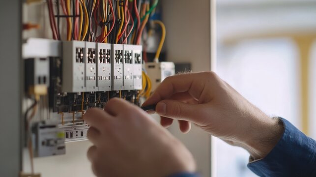 Electrician wiring a home security system. Featuring electrical installation and home safety