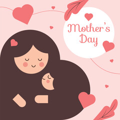 Minimalist Mother's Day Greeting Card with Heart and Tropical Leaf Illustrations, Warm Maroon and Coral Palette