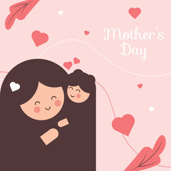 Minimalist Mother's Day Greeting Card with Heart and Tropical Leaf Illustrations, Warm Maroon and Coral Palette