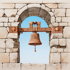 Obraz premium watercolor illustration of weathered bell with religious motifs against twilight blue sky in stone bell tower 