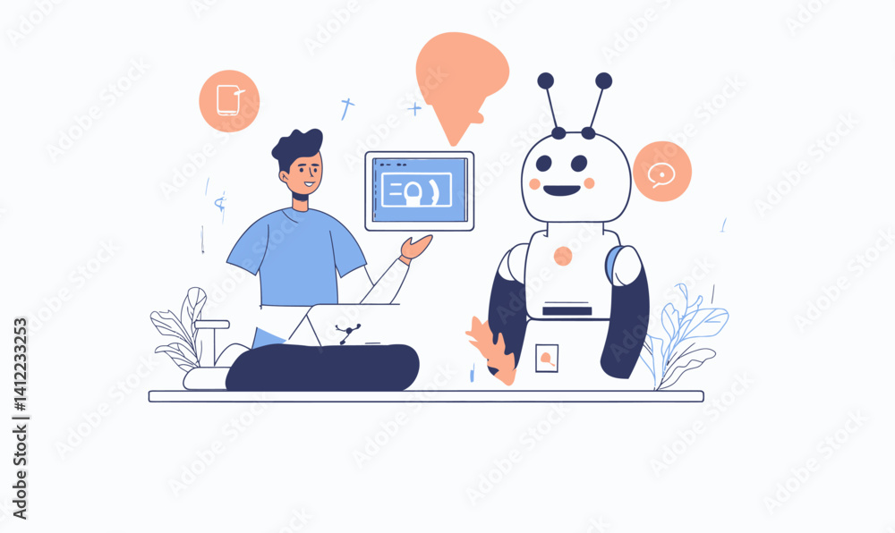 Poster man interacting with chatbot for process automation and ai concept
