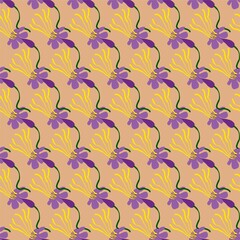 Seamless pattern of primitive, whimsical plants in folk style. Abstract flowers and leaves in bright, saturated colors for branding, textiles, advertising. Digital illustration in modern flat style
